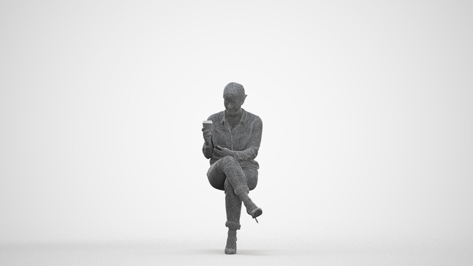 realistic 3D woman casual sitting, scanned archviz people for Blender and 3ds Max, three-quarter front view render