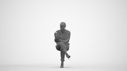 realistic 3D woman casual sitting, scanned archviz people for Blender and 3ds Max, three-quarter front view render
