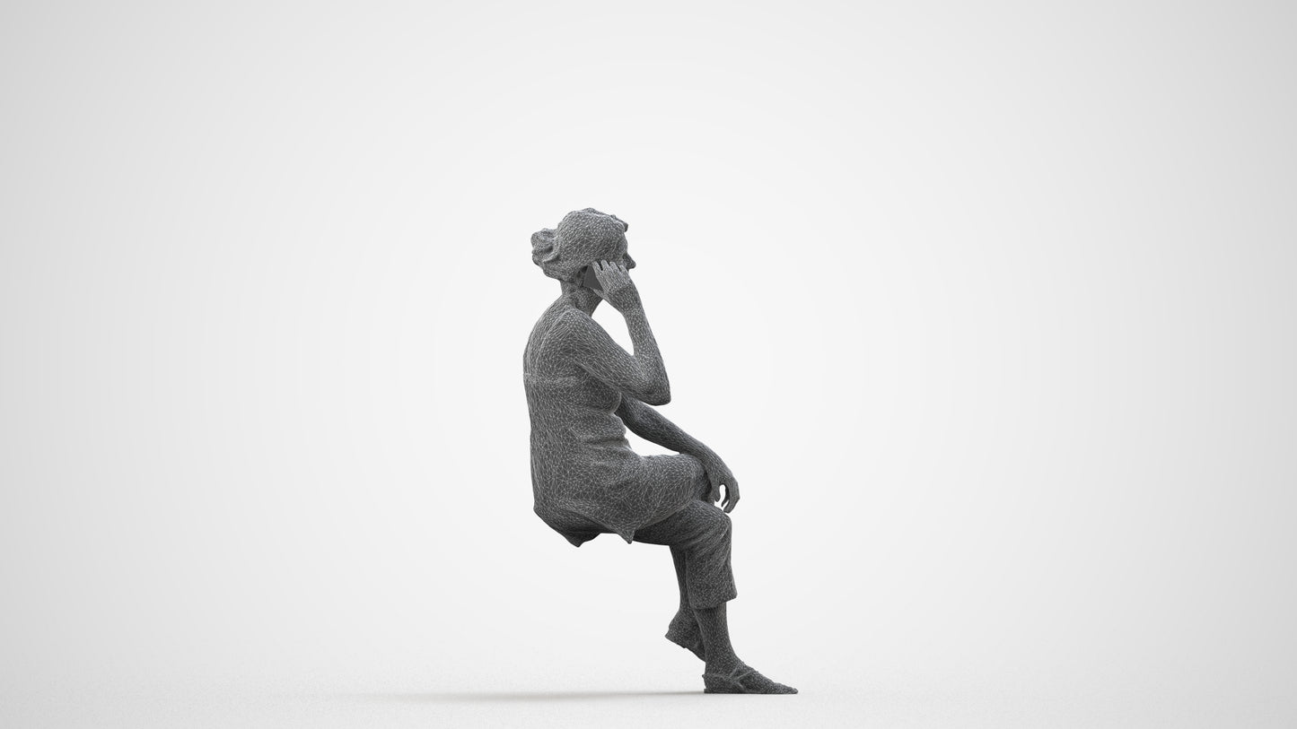 realistic 3D people senior woman casual sitting, render-ready for V-Ray and Corona, FBX OBJ, wireframe side view