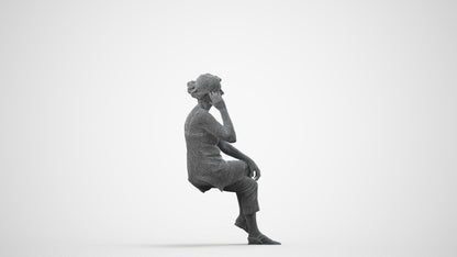 realistic 3D people senior woman casual sitting, render-ready for V-Ray and Corona, FBX OBJ, wireframe side view