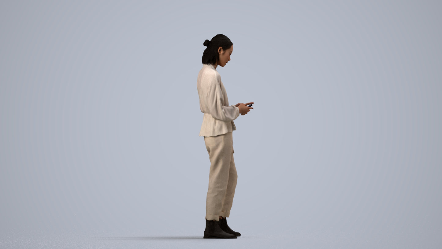 realistic 3D woman casual standing, scanned archviz people for Blender and 3ds Max, side view render