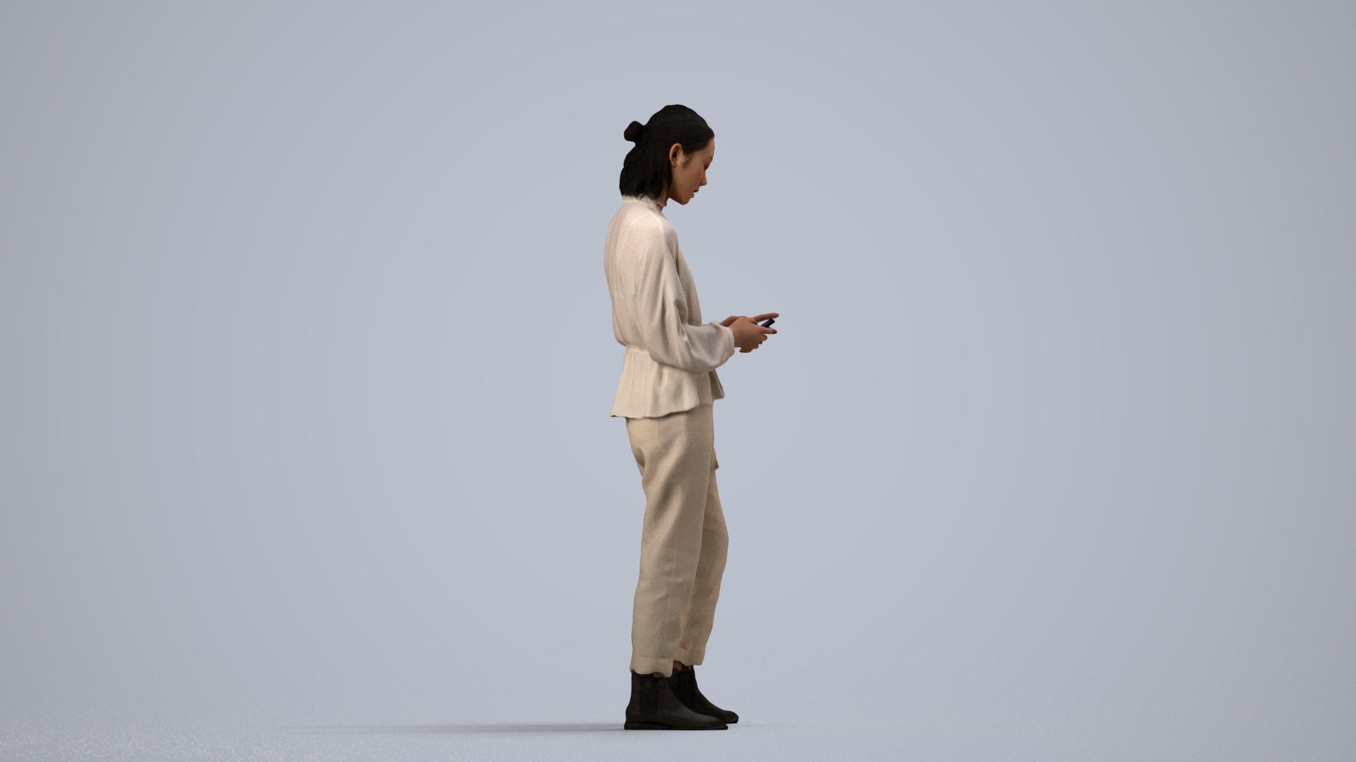 realistic 3D woman casual standing, scanned archviz people for Blender and 3ds Max, side view render