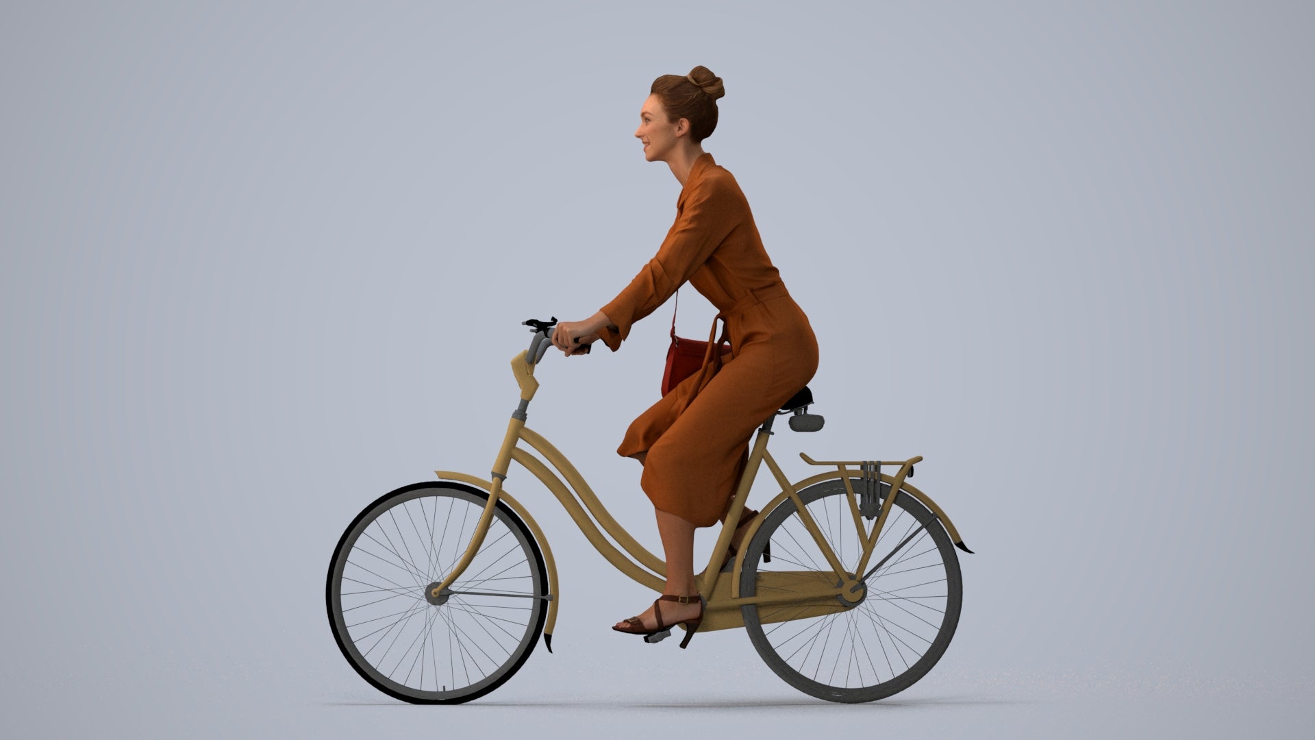 realistic 3D woman casual cycling, scanned archviz people for Blender and 3ds Max, three-quarter view render