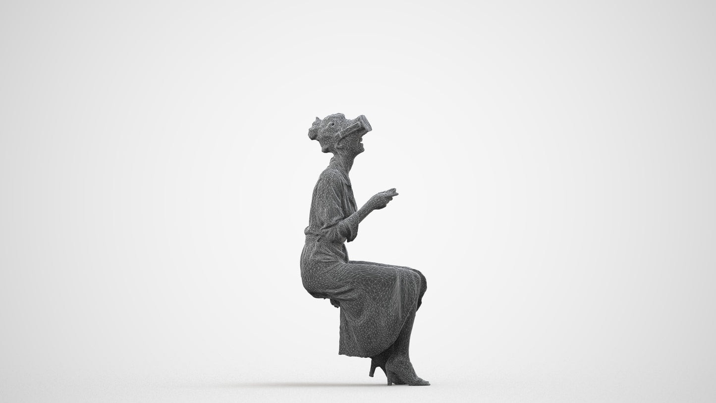 photogrammetry 3D woman casual sitting, realistic human model archviz FBX, wireframe side view