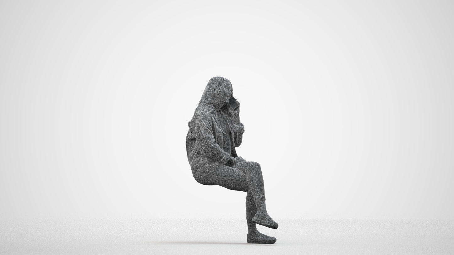 realistic 3D human woman casual sitting, archviz people FBX OBJ for Blender, wireframe side view
