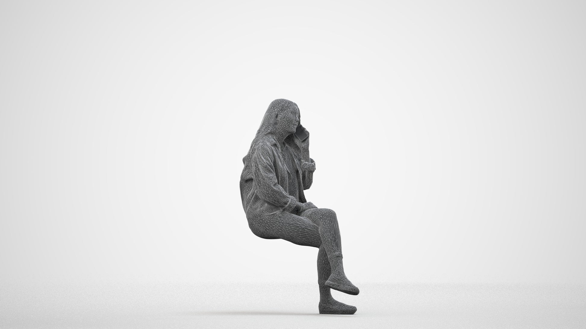 realistic 3D human woman casual sitting, archviz people FBX OBJ for Blender, wireframe side view