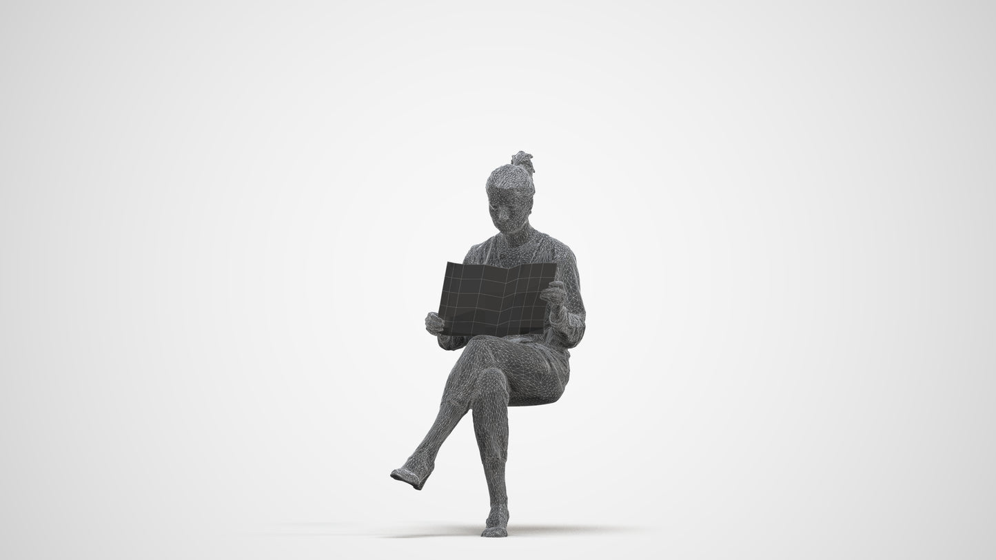3D people model woman casual sitting, scanned human for 3ds Max rendering, three-quarter front view render