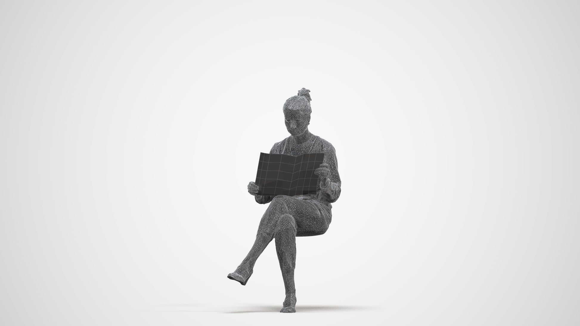 3D people model woman casual sitting, scanned human for 3ds Max rendering, three-quarter front view render