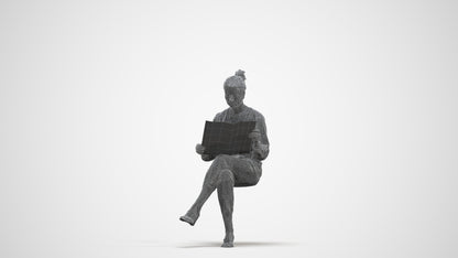 3D people model woman casual sitting, scanned human for 3ds Max rendering, three-quarter front view render