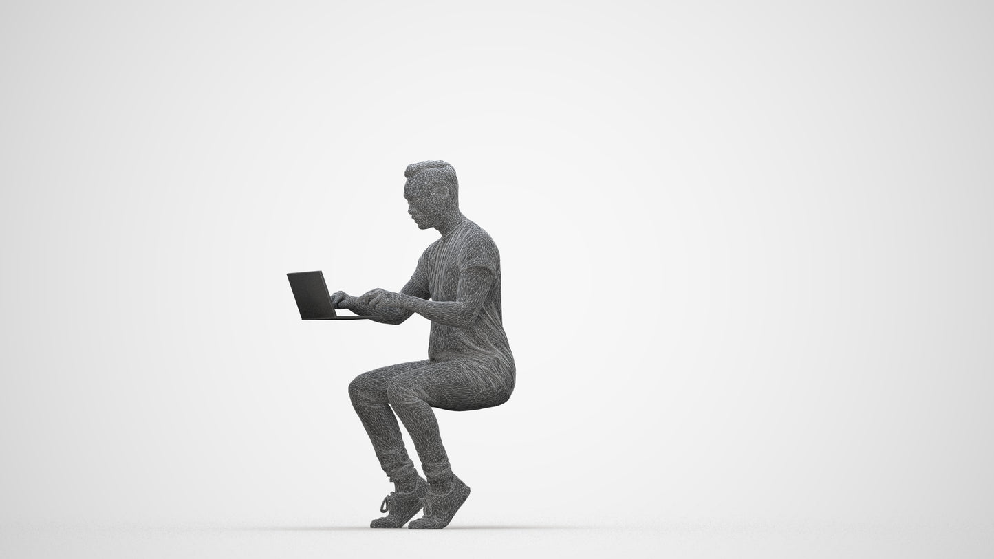 3D human model man casual business, photogrammetry scanned person for archviz, wireframe back view