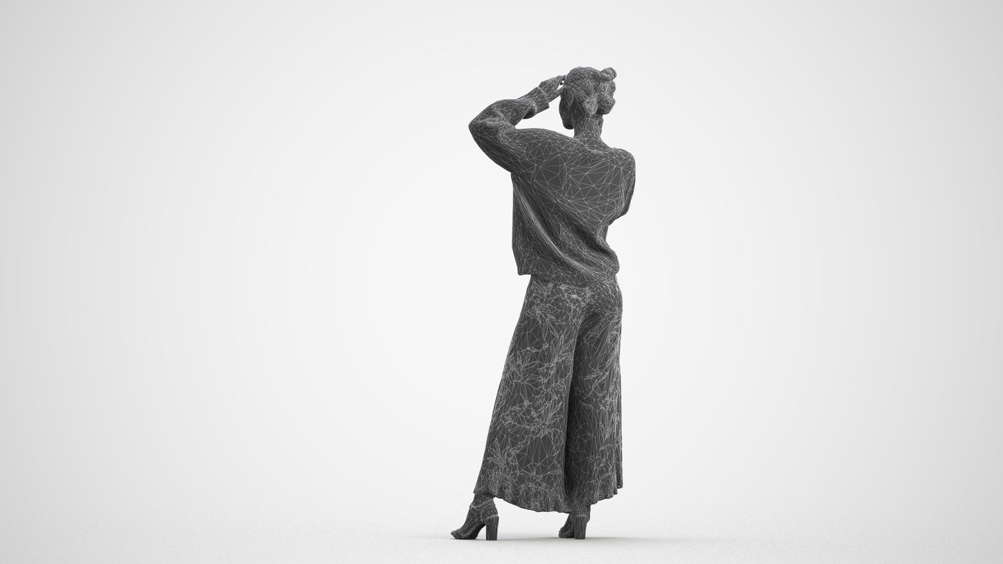 3D human model woman casual standing, photogrammetry scanned person for archviz, wireframe front view