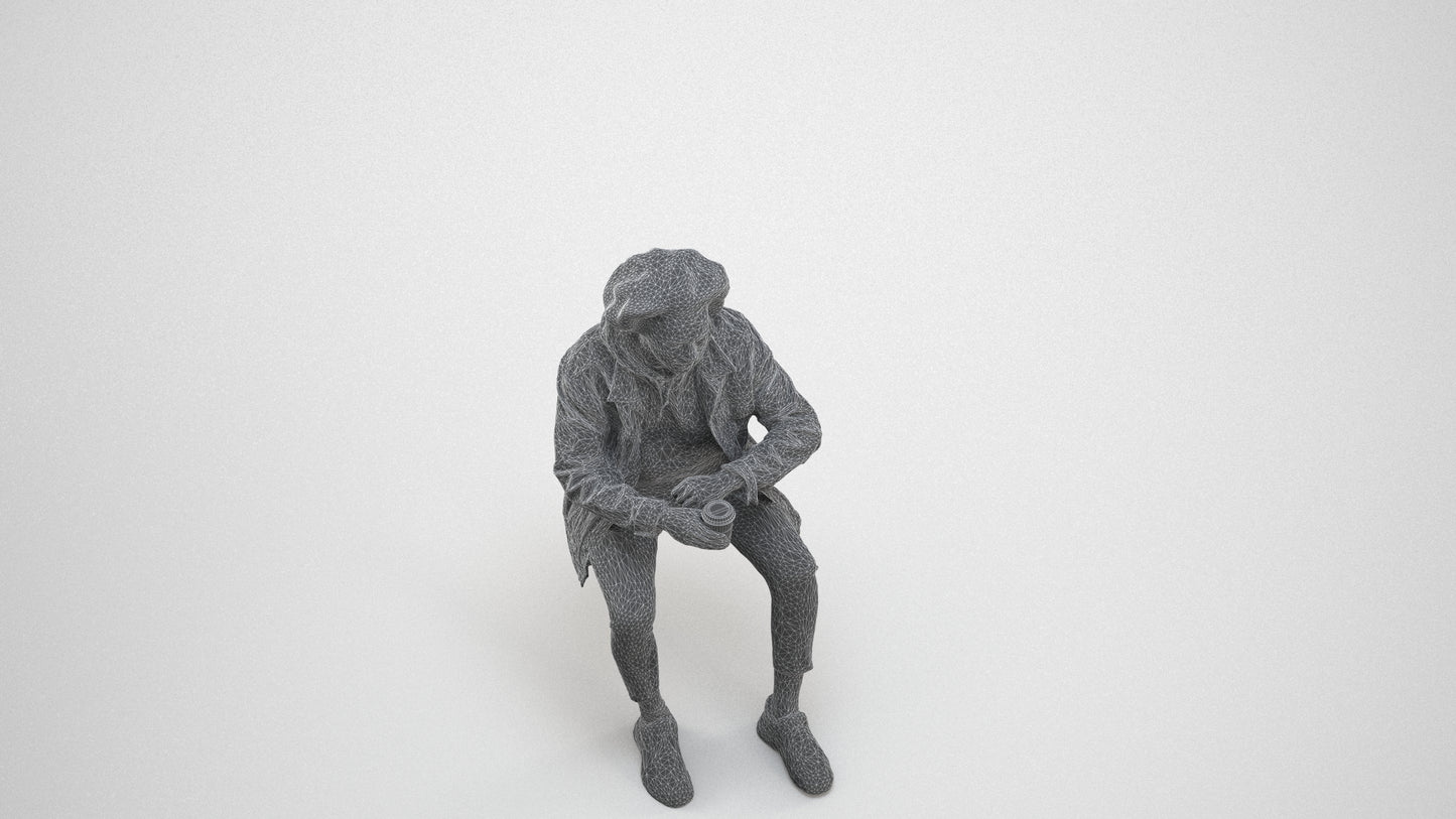 photogrammetry 3D man casual sitting, realistic human model archviz FBX, wireframe three-quarter view