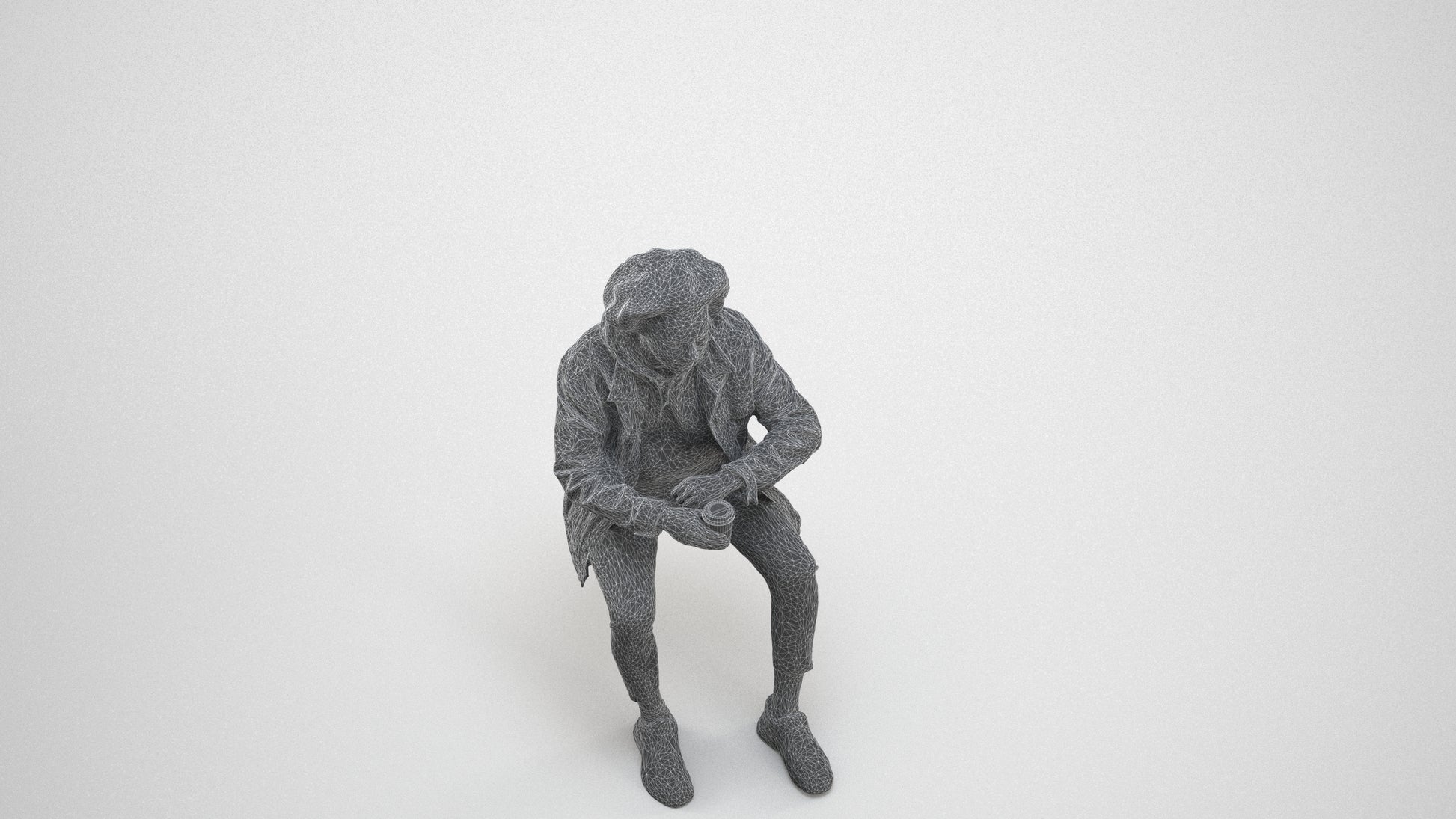photogrammetry 3D man casual sitting, realistic human model archviz FBX, wireframe three-quarter view