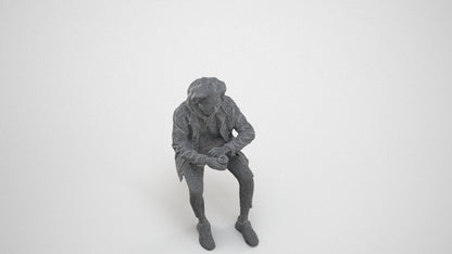 photogrammetry 3D man casual sitting, realistic human model archviz FBX, wireframe three-quarter view