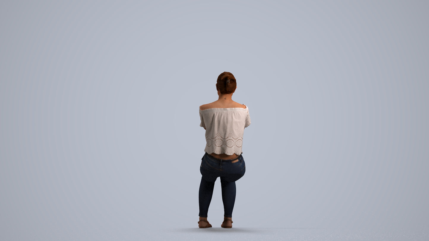 photogrammetry 3D woman casual sitting, realistic human model archviz FBX, front view render