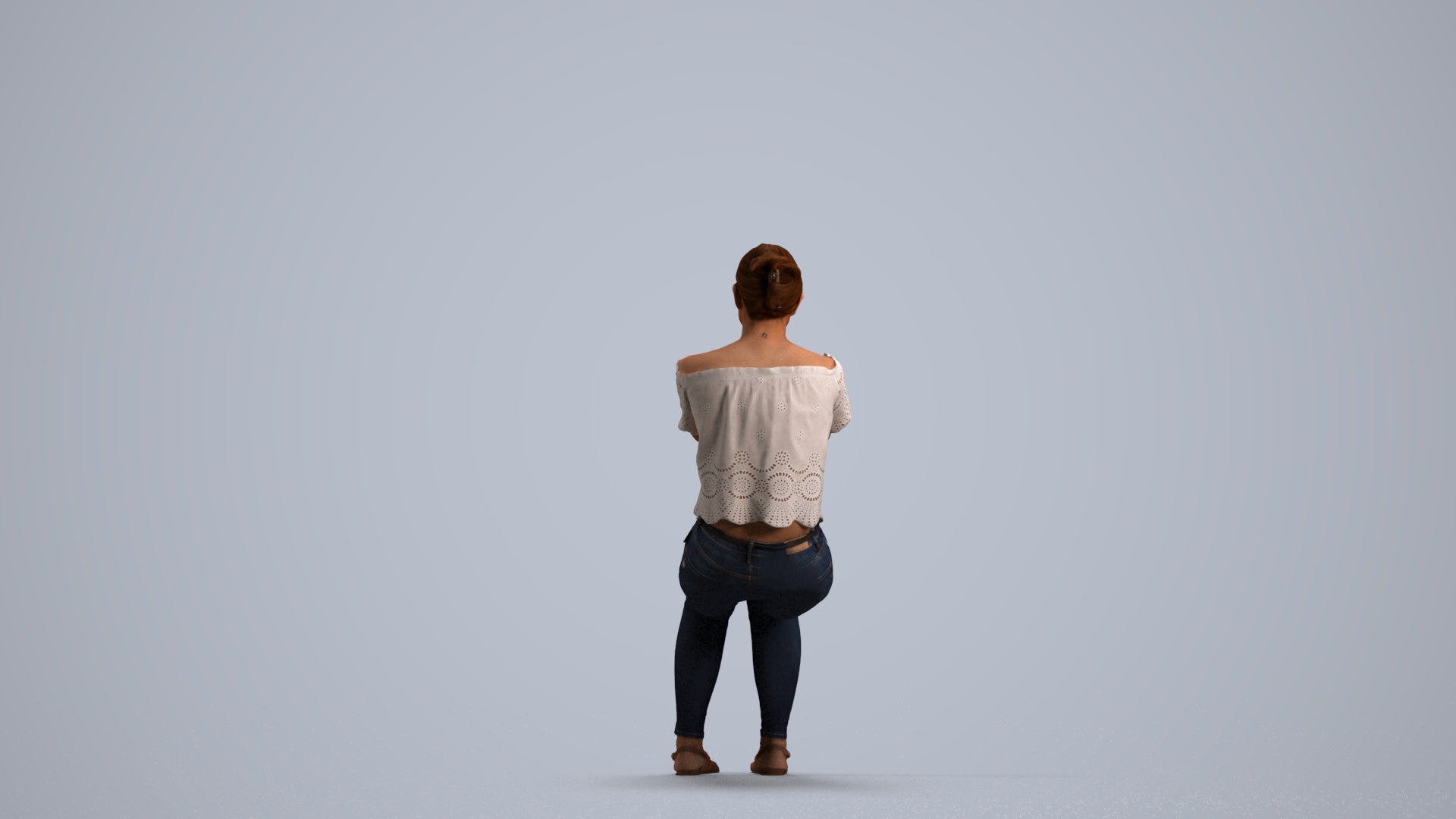 photogrammetry 3D woman casual sitting, realistic human model archviz FBX, front view render