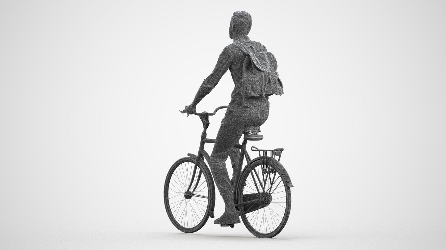 photogrammetry 3D man casual cycling, realistic human model archviz FBX, wireframe front view