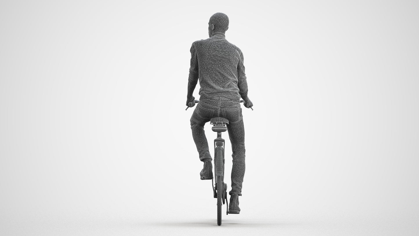 realistic 3D human man casual cycling, archviz people FBX OBJ for Blender, wireframe front view