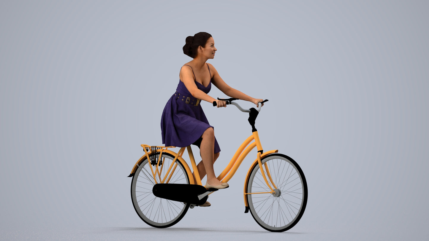 realistic 3D human woman formal cycling, archviz people FBX OBJ for Blender, side view render