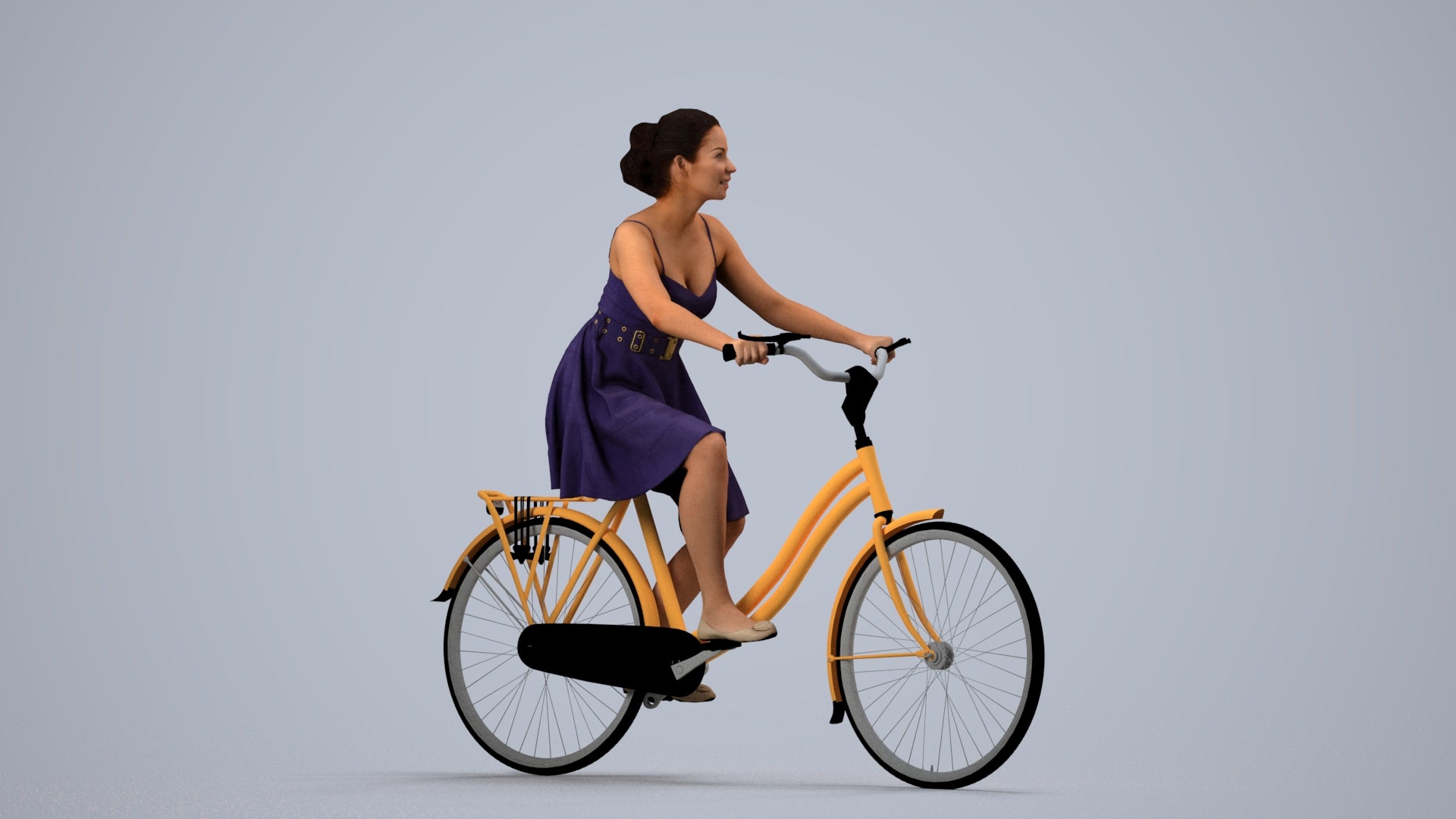realistic 3D human woman formal cycling, archviz people FBX OBJ for Blender, side view render