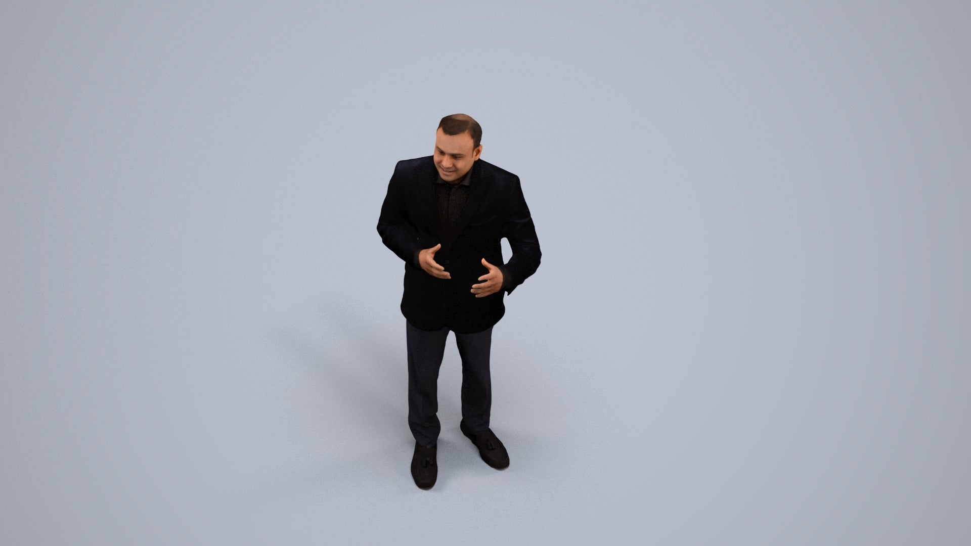 3D human model man formal standing, photogrammetry scanned person for archviz, back view render