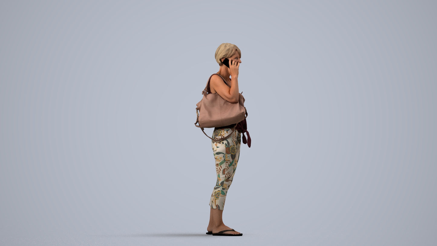 3D scanned senior woman standing, photorealistic archviz people for Enscape and SketchUp, side view render