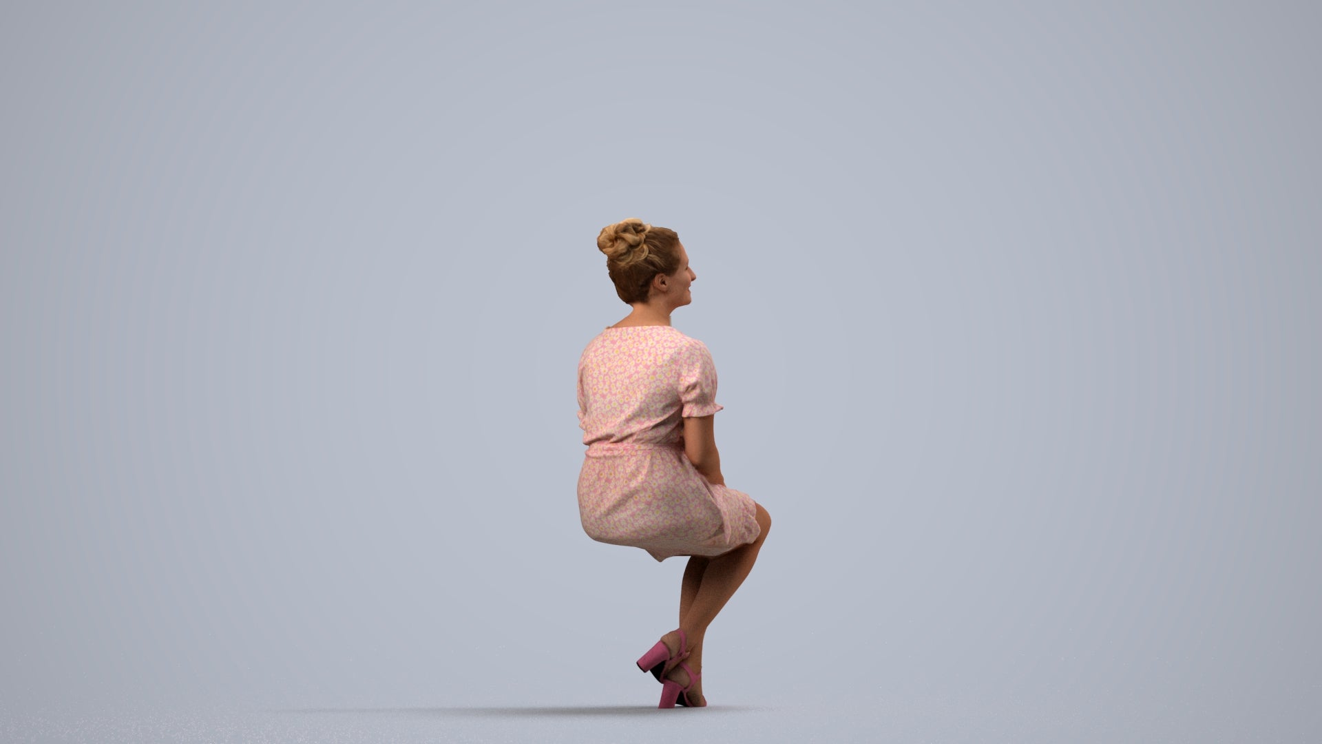 scanned 3D woman casual sitting, photogrammetry people for Enscape and V-Ray, side view render