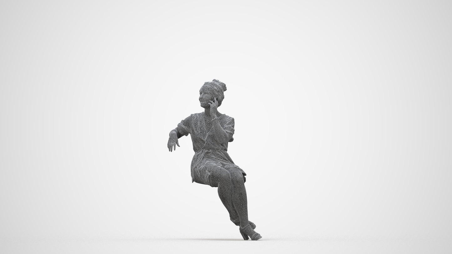 scanned 3D woman casual sitting, photogrammetry people for Enscape and V-Ray, wireframe back view