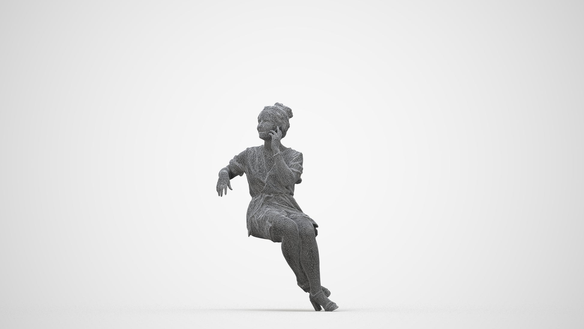 scanned 3D woman casual sitting, photogrammetry people for Enscape and V-Ray, wireframe back view