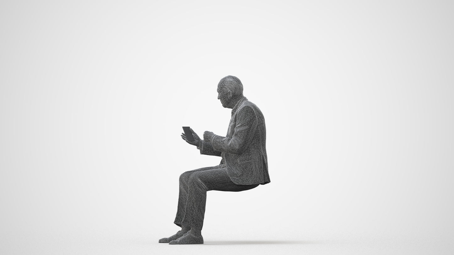 realistic 3D senior man business sitting, scanned archviz people for Blender and 3ds Max, square thumbnail