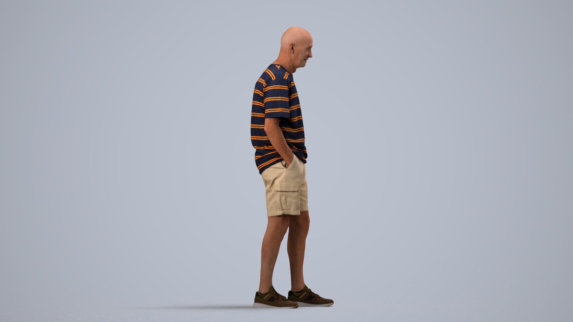 realistic 3D senior man casual standing, scanned archviz people for Blender and 3ds Max, side view render