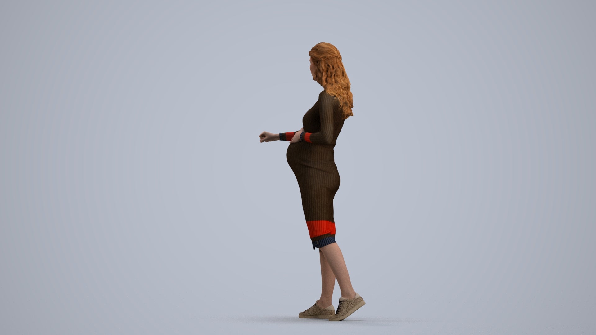 3D human model woman casual standing, photogrammetry scanned person for archviz, front view render