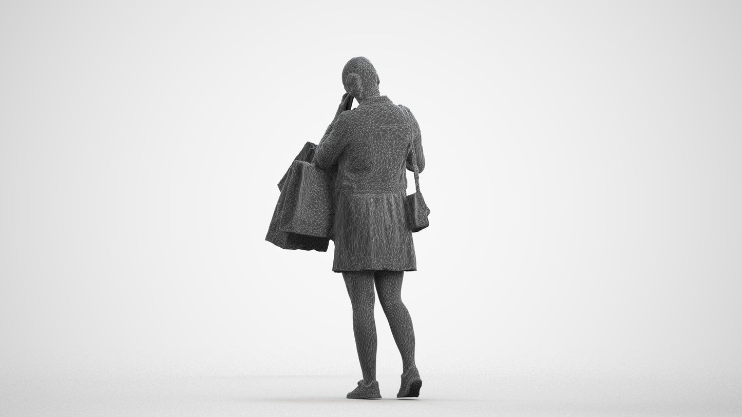 scanned 3D woman casual shopping, photogrammetry people for Enscape and V-Ray, wireframe front view