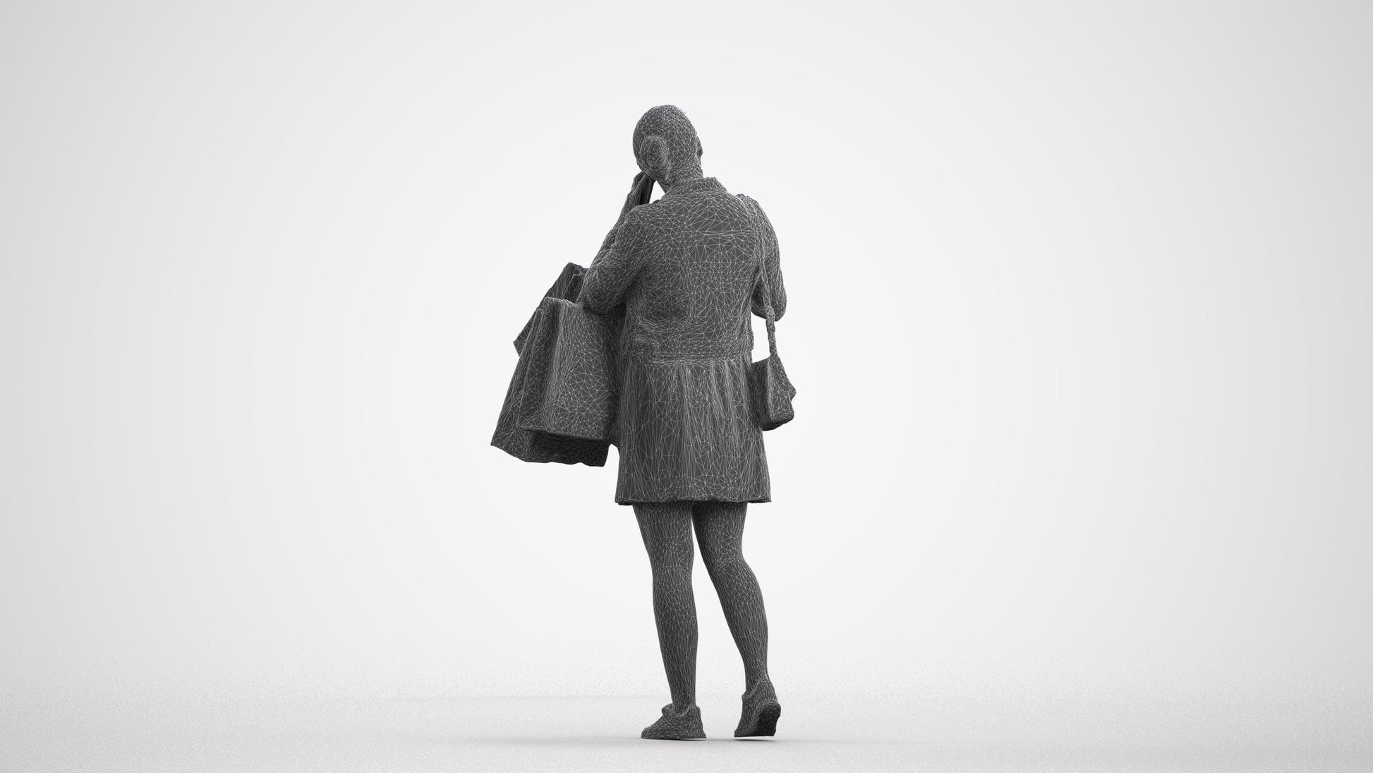scanned 3D woman casual shopping, photogrammetry people for Enscape and V-Ray, wireframe front view