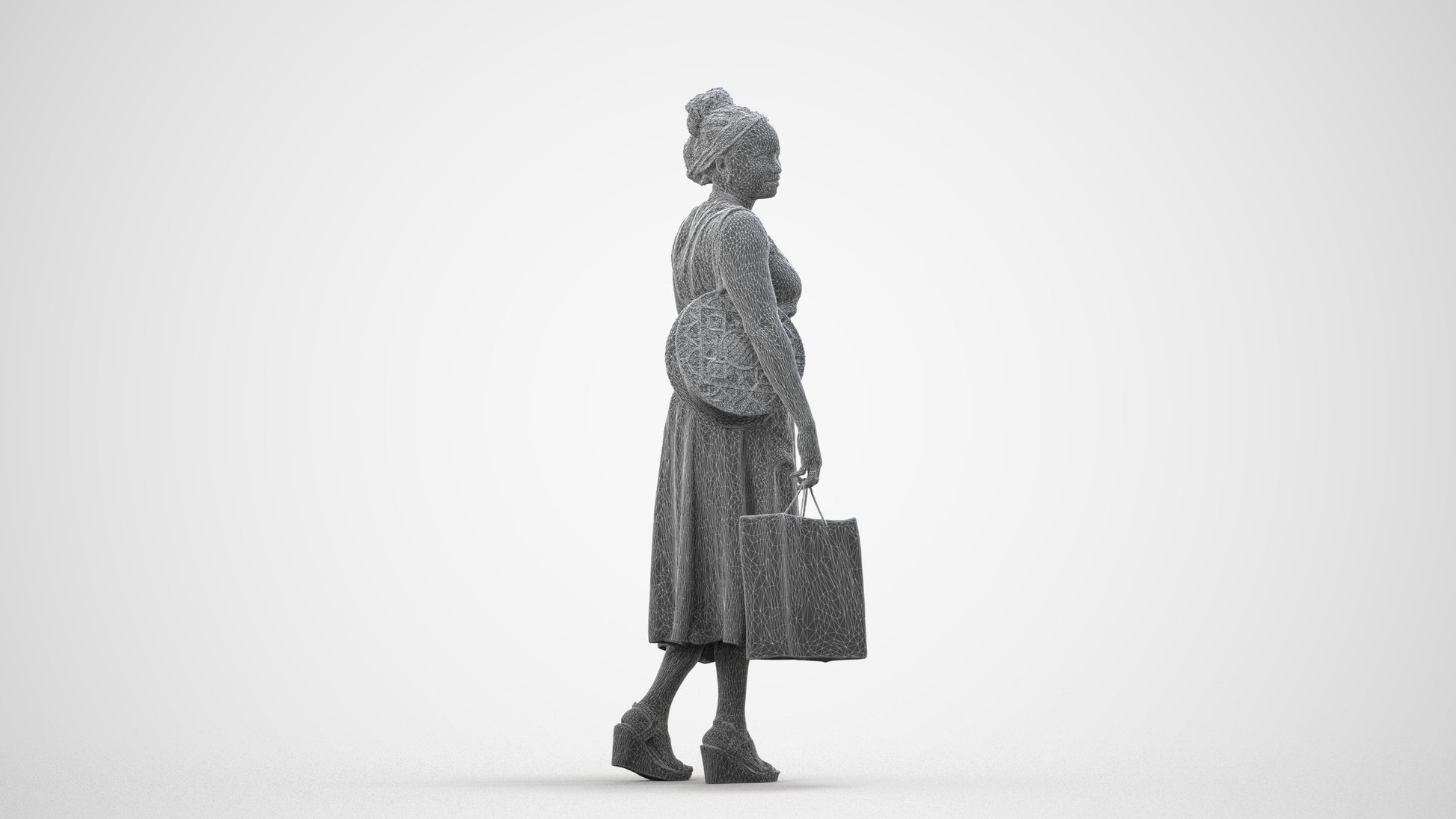 realistic 3D people woman casual shopping, render-ready for V-Ray and Corona, FBX OBJ, wireframe side view