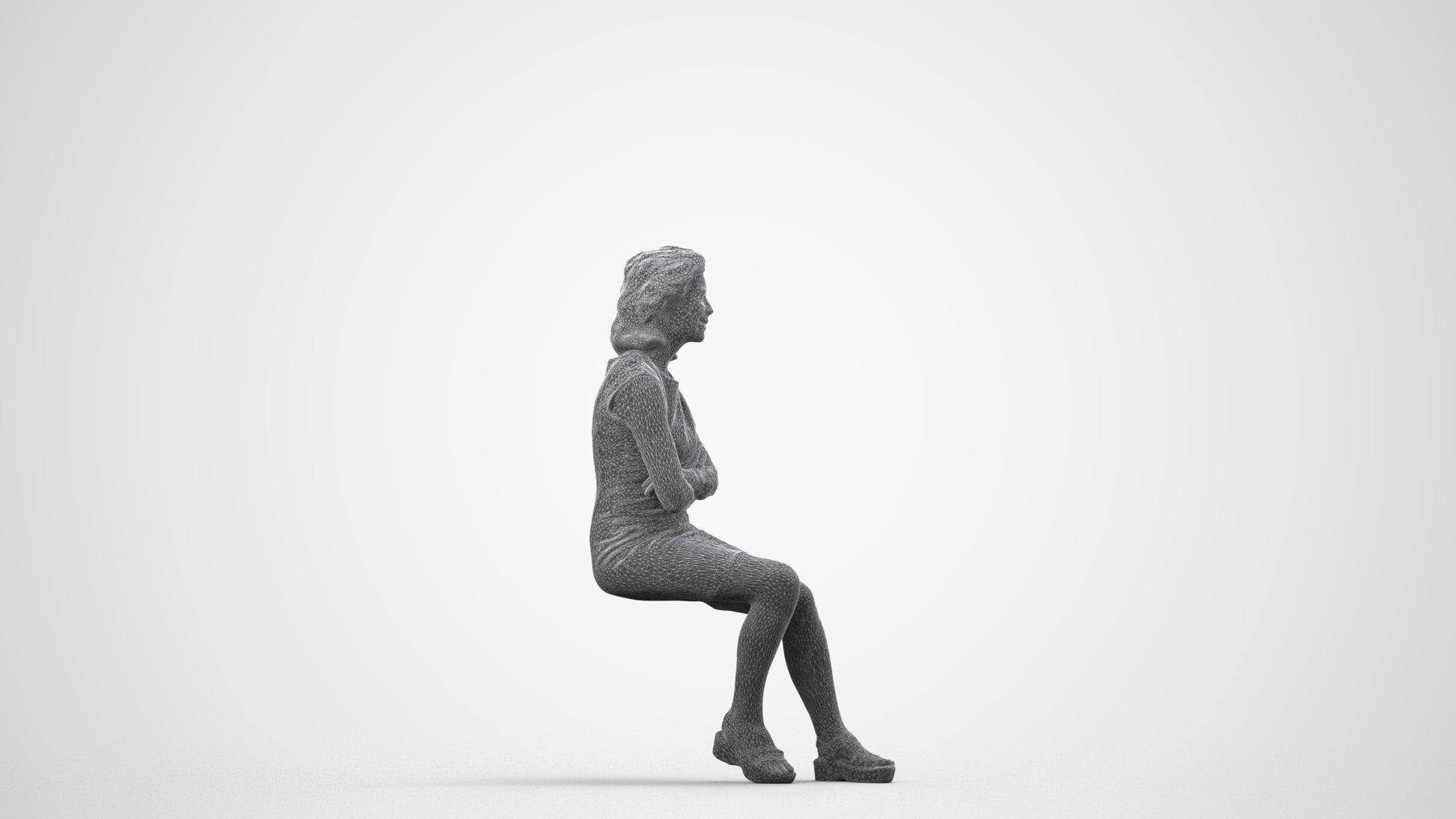 scanned 3D woman business sitting, photogrammetry people for Enscape and V-Ray, wireframe side view