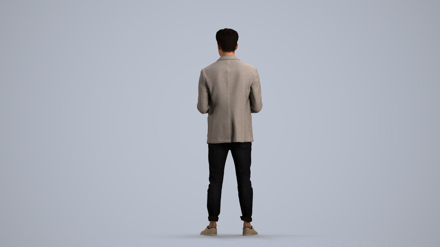3D human model man business standing, photogrammetry scanned person for archviz, front view render