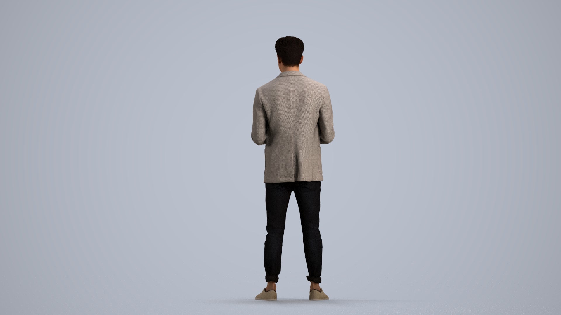 3D human model man business standing, photogrammetry scanned person for archviz, front view render