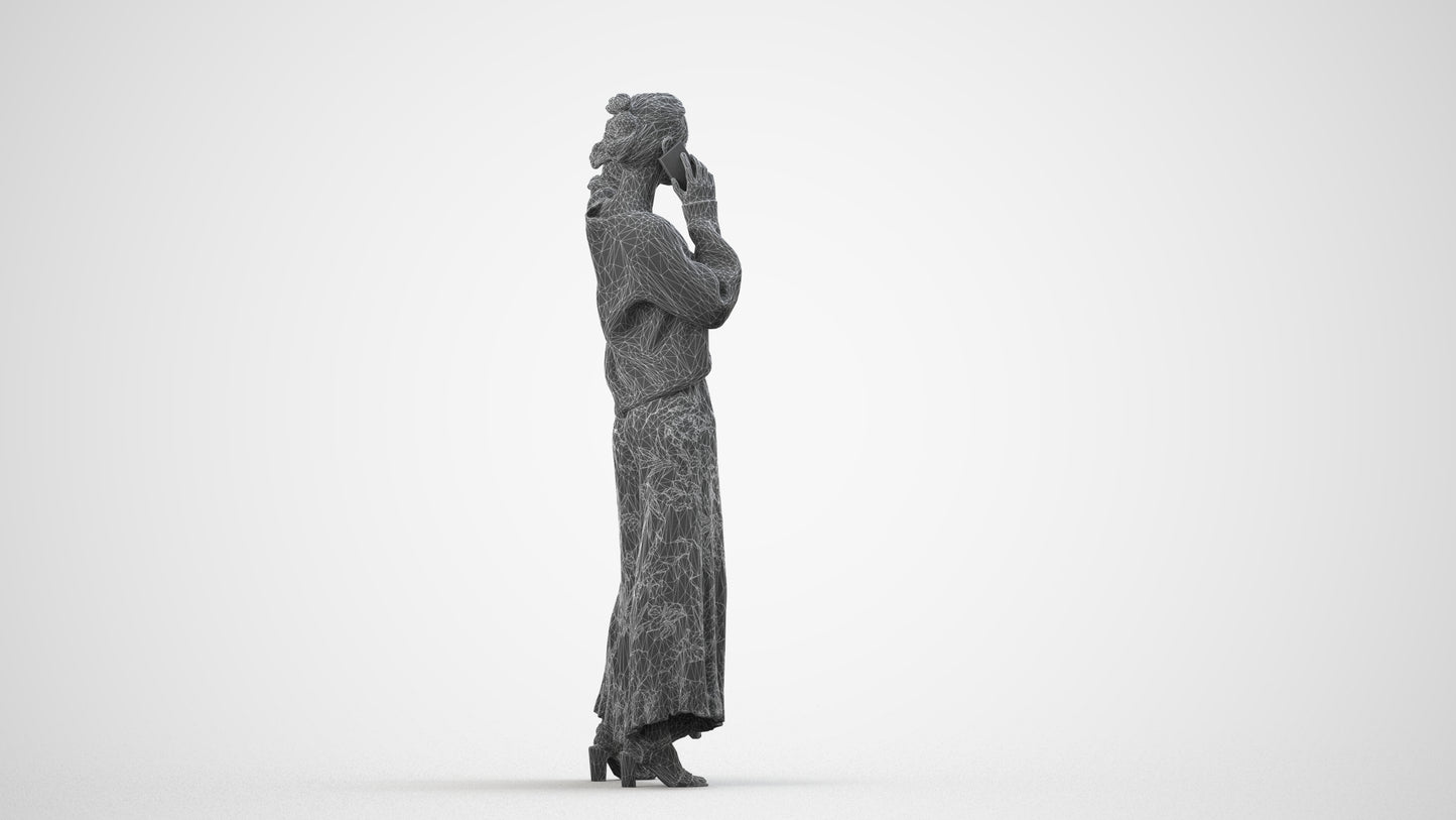 3D human model woman casual standing, photogrammetry scanned person for archviz, wireframe side view