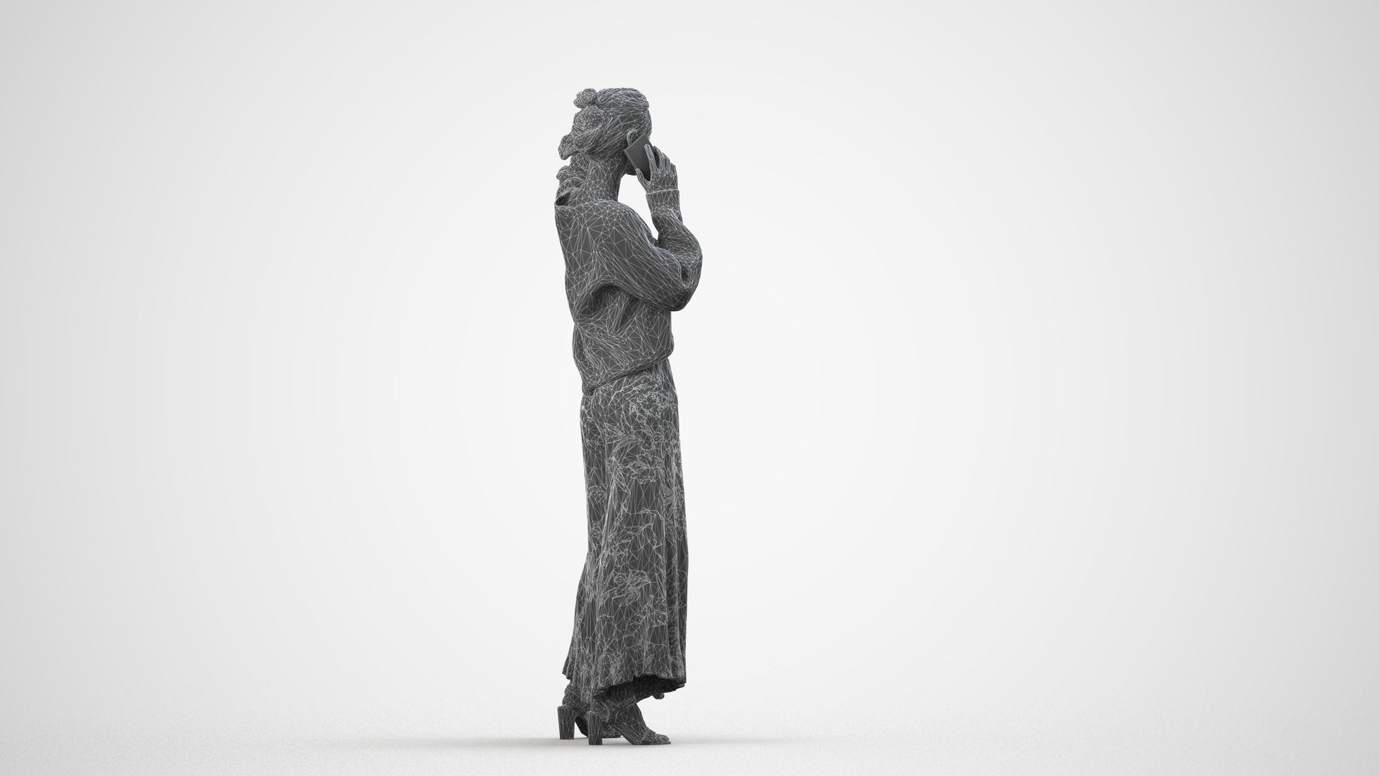 3D human model woman casual standing, photogrammetry scanned person for archviz, wireframe side view