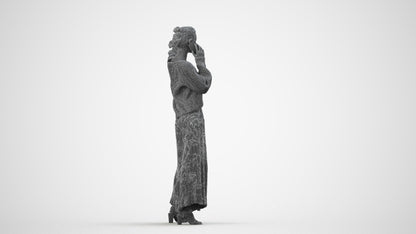 3D human model woman casual standing, photogrammetry scanned person for archviz, wireframe side view