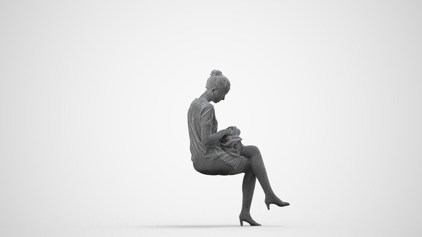 3D scanned woman sitting casual, photorealistic archviz people for Enscape and SketchUp, wireframe side view