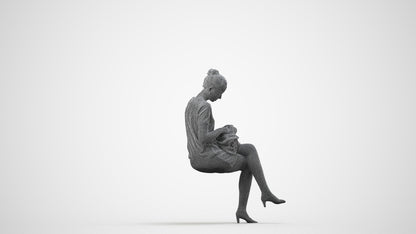 3D scanned woman sitting casual, photorealistic archviz people for Enscape and SketchUp, wireframe side view