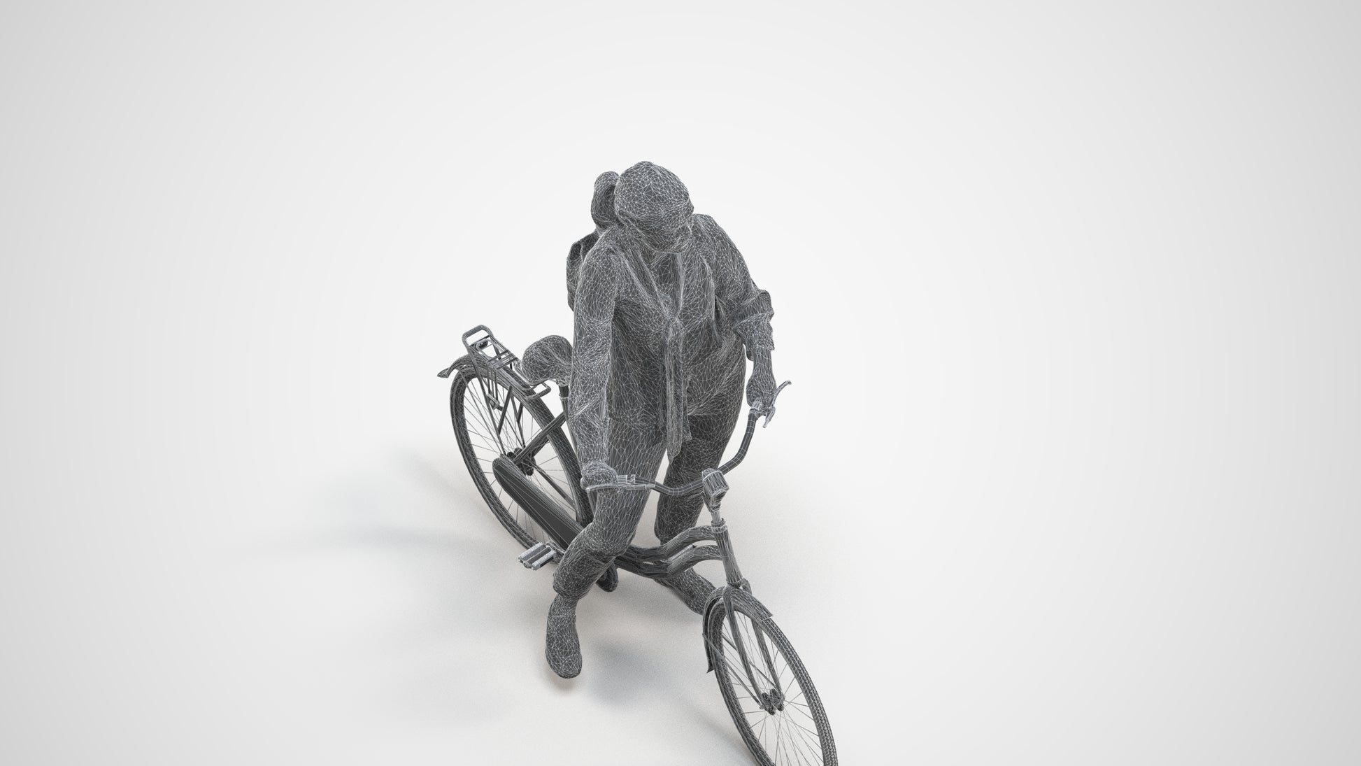 3D scanned woman cycling casual, photorealistic archviz people for Enscape and SketchUp, wireframe three-quarter view