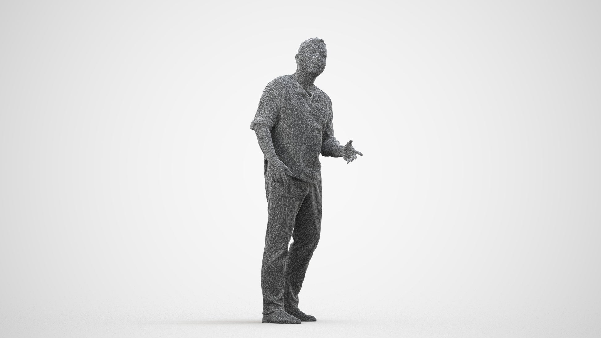 realistic 3D man casual standing, scanned archviz people for Blender and 3ds Max, wireframe side view
