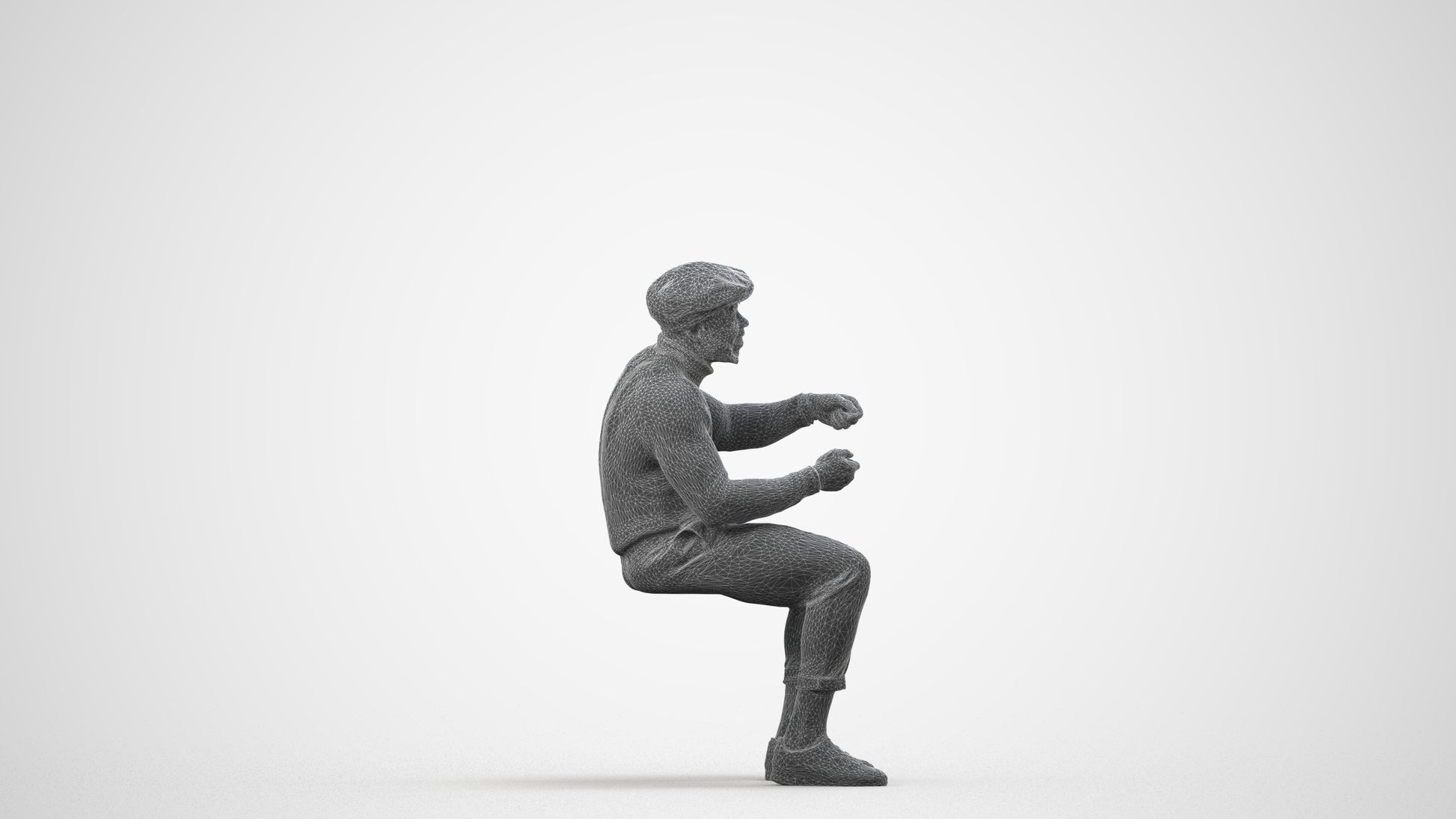 3D scanned man sitting casual, photorealistic archviz people for Enscape and SketchUp, wireframe side view