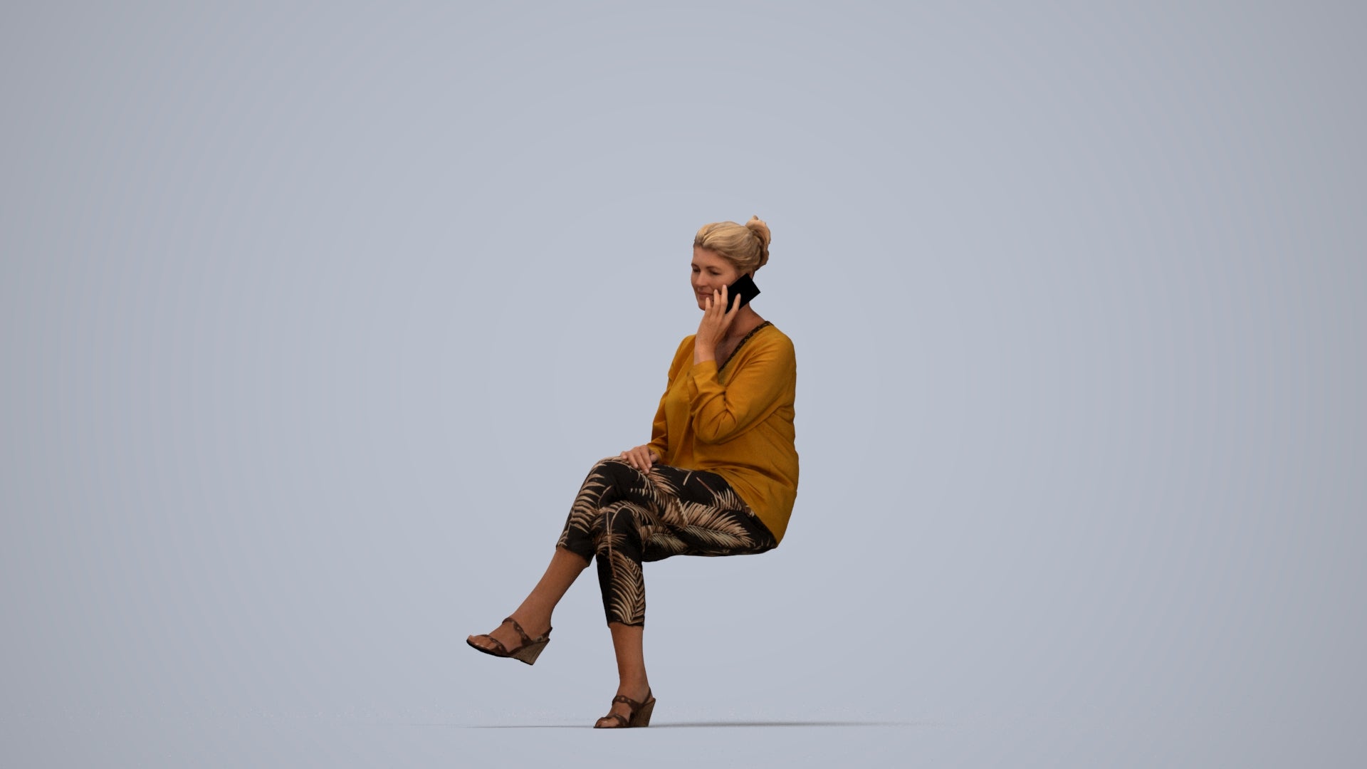 photogrammetry 3D woman casual sitting, realistic human model archviz FBX, top-down view render