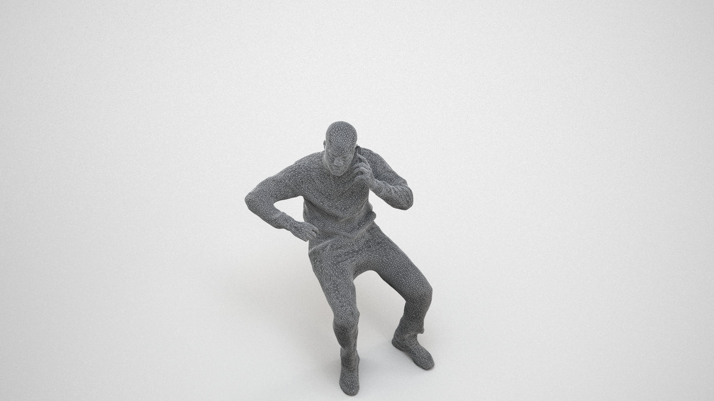 3D human model man sitting, photogrammetry scanned person for archviz, wireframe three-quarter view