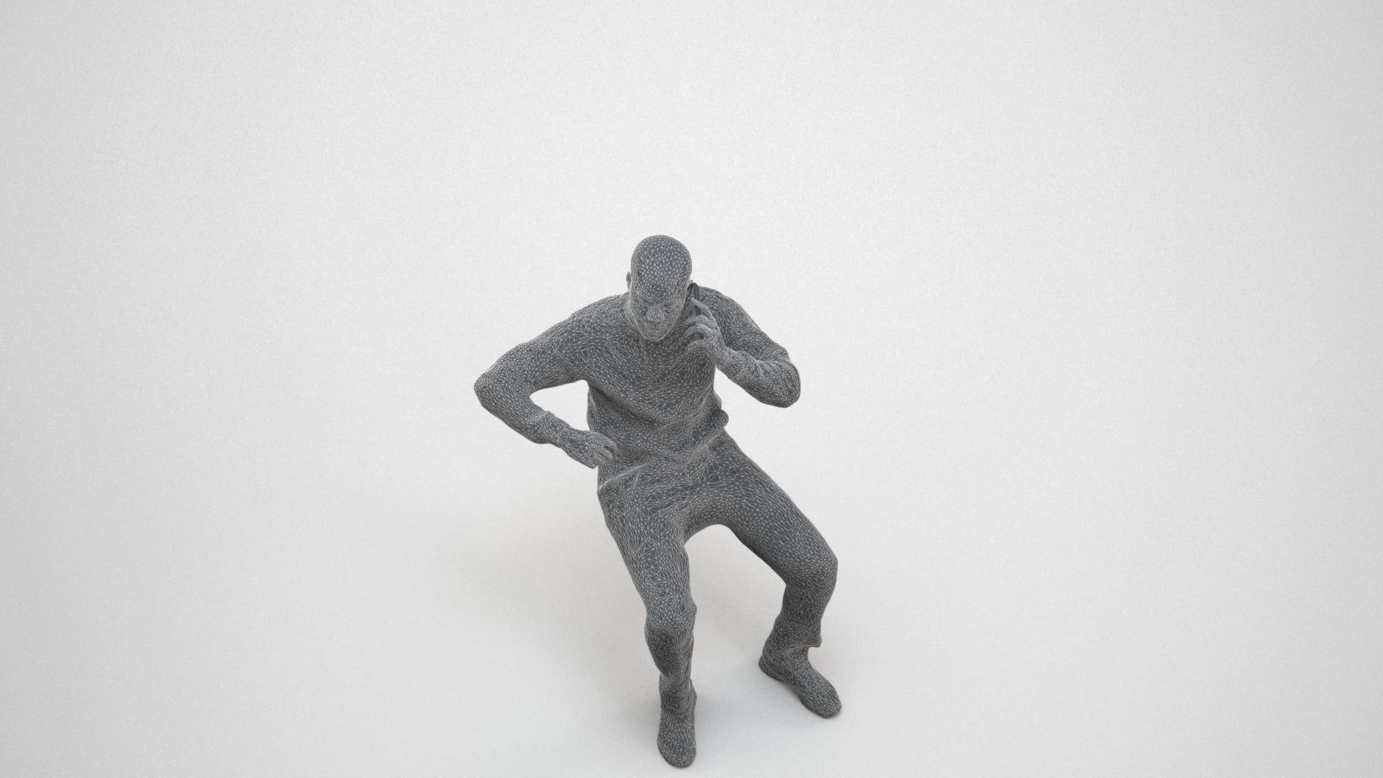 3D human model man sitting, photogrammetry scanned person for archviz, wireframe three-quarter view