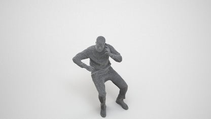 3D human model man sitting, photogrammetry scanned person for archviz, wireframe three-quarter view